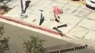 Old woman  knocking over scooters
