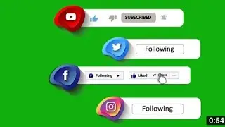 YouTube  like subscribe bell icon buttons green screen.End screen