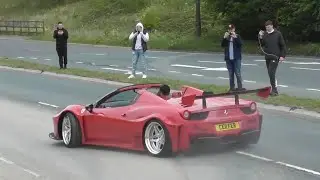 Supercars and modified cars leaving cars and coffee Manchester 2021