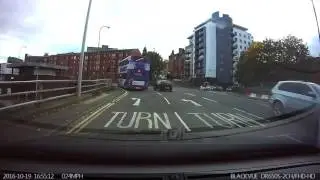 Frustrated bus driver merges through a Fiat