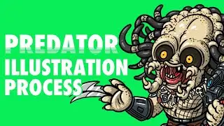 Predator cartoon illustration process in Procreate