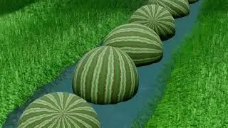 Арбузы плывут по реке, но это 3д анимация