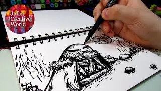 LOFIX PARROTHEAD IN BLACK BRUSH PEN. Drawing picture black and white colours.