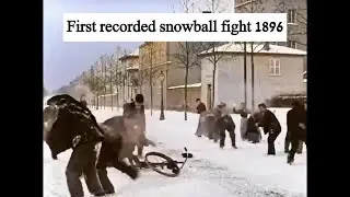 Snowball fight in France, in 1896 Lumiere brothers. Snow fights Snowballing