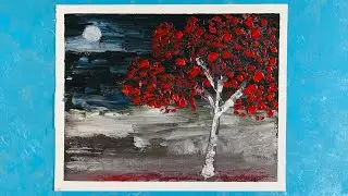 Painting Challenge #003 | For Beginners Step by Step | Oil or Acrylic | Moonlit Night Lone Tree |