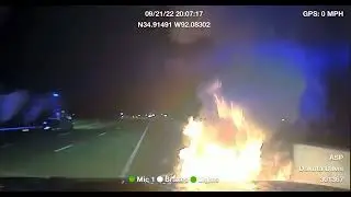 Motorcycle starts on fire after biker tries fleeing ASP Trooper Dakota Davis on 09/21/22