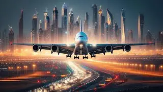 Emirates A380 - 800 Airbus landing in Dubai at night window view.