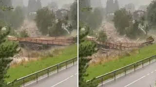 Nubifragio in Alto Adige, il torrente in piena a Valdaora travolge e porta via un ponte