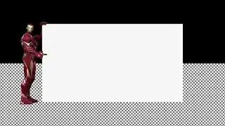 Iron Man pushing and pointing at a white advertising banner, Alpha Channel