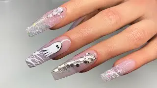 🌸 CUTE PINK & GOLD Halloween Ghost Nails 👻 Acrylic Nails | Glitter Nails
