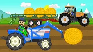 Picking Up Straw Bales and Work on a field - Tractor Story Of Other Colorful Vehicles And Machines