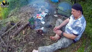 bushcraft, hike, overnight on the river. Solo hike, meat on fire, overnight in a tent.