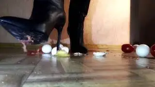 Crush fetish in leather boots. eggs under high heels. part2