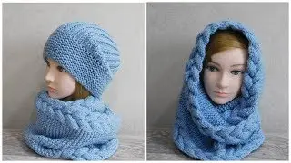 Women's snood in 2 turns with braids knitted with knitting needles.