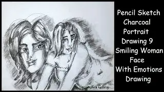 Pencil Sketch Charcoal Portrait Drawing 9 Smiling Woman Face With Emotions Drawing