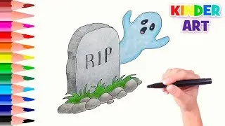 Надгробие и привидение - Рисунки на Хэллоуин | How to draw a tombstone &  ghost
