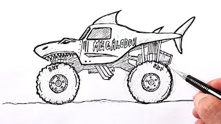 How to draw a Monster Truck Megaladon | Shark monster truck drawing