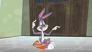 Bugs Bunny sit-pops a beach ball.