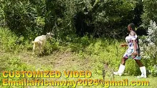 A LADY SLAUGHTERING GOAT FOR FOOD IN WHITE BOOTS