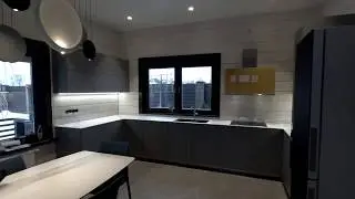 Кухня-гостиная в дом. Кухня с электроприводами SERVO-DRIVE Blum. Столешница из камня. Кухни Киев.