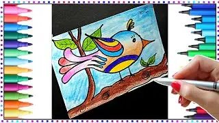 Drawing A Colourful Bird Sitting on a Branch | Easy Drawing Tutorial for Beginners