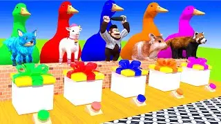 Paint & Animals Mammoth,Gorilla,Lion,Duck,Cow,Panda Fountain Crossing Transformation Animals Cartoon