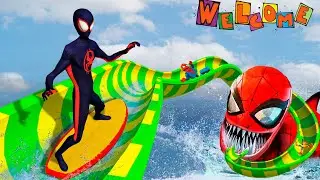 Spiderman Miles Morales in water slides in GTA 5 Ep.148 #waterslide #ragdoll