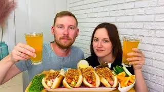MUKBANG HOT DOGS are spicy with fried onions, chuka vegetables in nut sauce