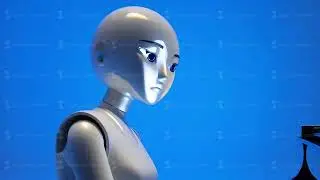 Robot playing piano with pensive look in studio