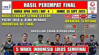 5 WAKIL INDONESIA MENANG ~ Hasil 8 Besar Korea Open 2025 Hari Ini ~ PUTRI JOJO & ALWI MENANG