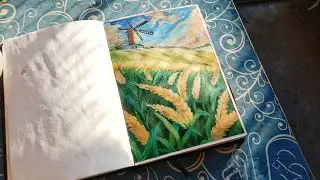 Wheat Field Landscape Watercolor painting step by step | Green nature with sky painting