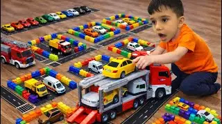 🔴 Giant Lego Parking Lot for Toy Cars 😱 Bruder Excavator Police Fire Truck Garage Game