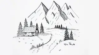 How to Draw a House in the Mountains by the River Landscape