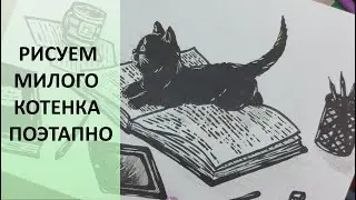 Видео урок рисования. Котенок лежит на книжке. Простой рисунок для срисовки. How to draw a cat
