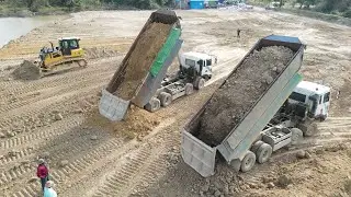 Big Project filling land! SHANTUI Bulldozer process with Dump Trucks Operated Pushing and Dumping