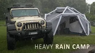SOLO Relaxing in heavy RAIN [ Cosy Camping setup in an inflatable tent shelter, Rain ASMR ]