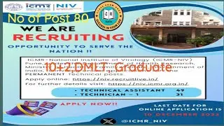 NIV/ICMR/ Govt vacancy Pune MH/ NIV ICMR job/12th DMLT Graduate pass/80 post