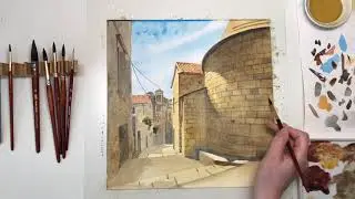 Process of my watercolor “Sunny Hvar”. Wet-on-wet technique.