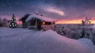 Christmas Cabin Falling Snow Sunset Ambience -- Soft Jazz and Guitar