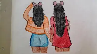BFF Drawing -two best friend girl Drawing/easy drawing for beginners/friendship day drawing/ Art