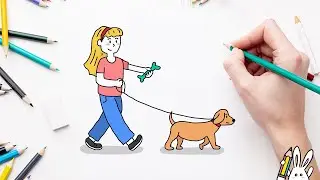 How to draw a girl walking her dog 🐶