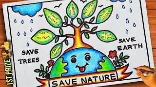 World Nature Conservation Day drawing easy🏆👍|Nature Conservation Day poster drawing| Save tree