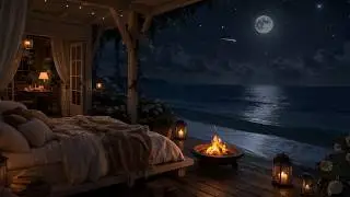 [No Ads] Sleep by the Sea🌙 24/7 Live Ocean Waves & Fire | Cozy Night Porch Ambience