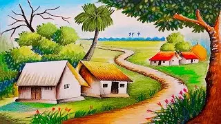 How to draw easy scenery drawing with oil pastel landscape village scenery drawing step by step