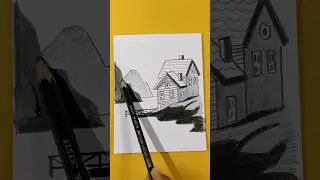 🔴 Como Dibujar un PAISAJE Natural Montañas - Laguna - Casa a lapiz #shorts #short