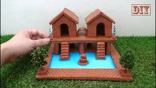 How to build clay village house with pool and bridge || DIY miniature clay house