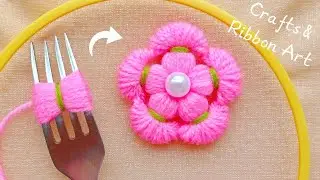 It's so Beautiful Idea 💖🌟 Super Easy Woolen Flower Making Trick with Fork- DIY Amazing Woolen Flower