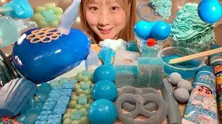 ASMR Blue Desserts💙Stretchy Candy, Gumballs, Honey Jelly 【Mukbang/ Eating Sounds】【English subtitles】