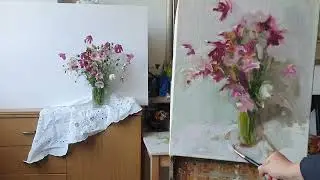 Букет космеи. Живопись маслом