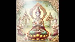 一幅宁静的佛教插画，灵感来自泰国传统艺术。中心人物是一位神圣的女神，坐在一个风格化的莲花宝座上，宝座上装饰着复杂的金色和宝石般的图案，这是泰国皇室服饰的典型特征。#佛教卡通 #泰国 #佛教文化 #佛教
